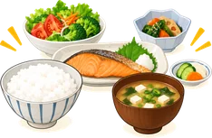 ご飯・焼き魚・味噌汁などの和食のイラスト