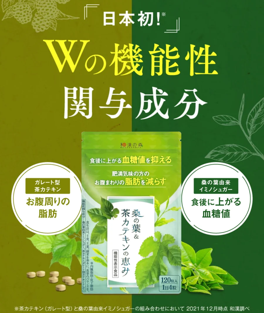 日本初!Wの機能性関与成分:桑の葉由来イミノシュガー(食後に上がる血糖値)とガレート型茶カテキン(お腹周りの脂肪)