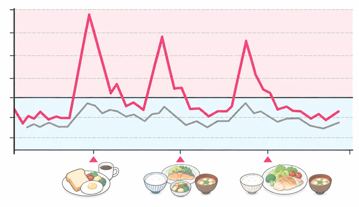 1日の血糖値の変化のイメージ。朝食・昼食・夕食のあとに血糖値が急上昇する「血糖値スパイク」と、正常な血糖値の推移の比較