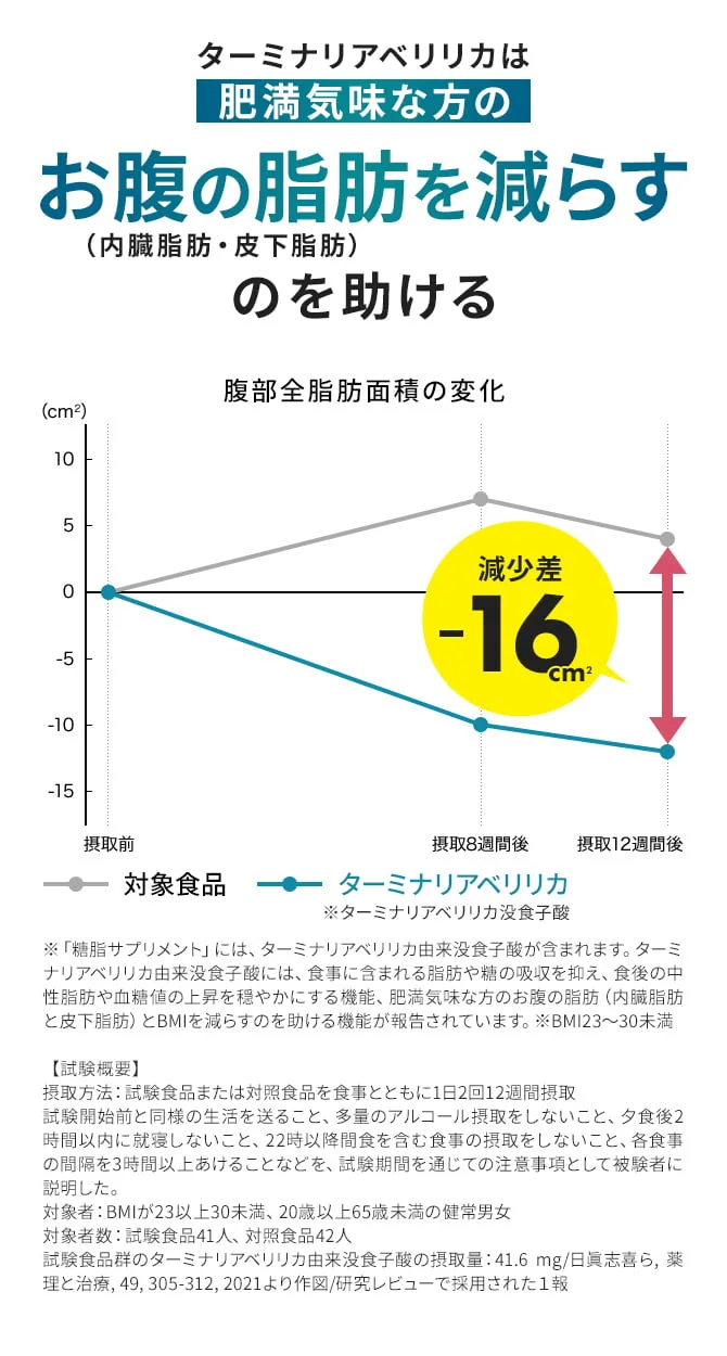 ターミナリアベリリカは肥満気味の方のお腹の脂肪(内臓脂肪・皮下脂肪)を減らすのを助ける:腹部全脂肪面積の変化